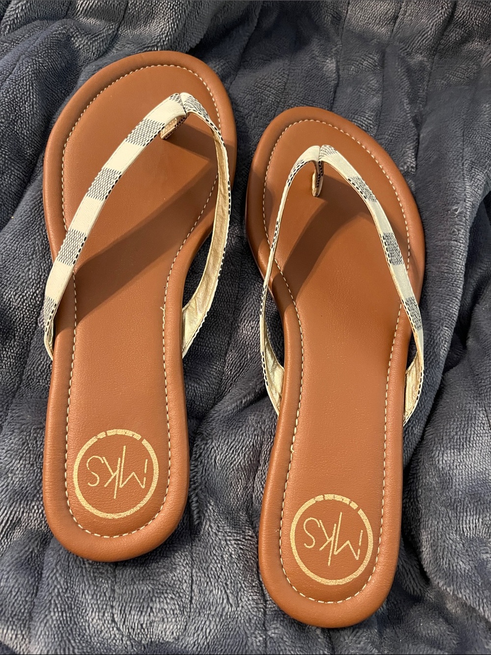 Michael Kors Tan Flip-Flop Sandals with Cream Plaid Straps